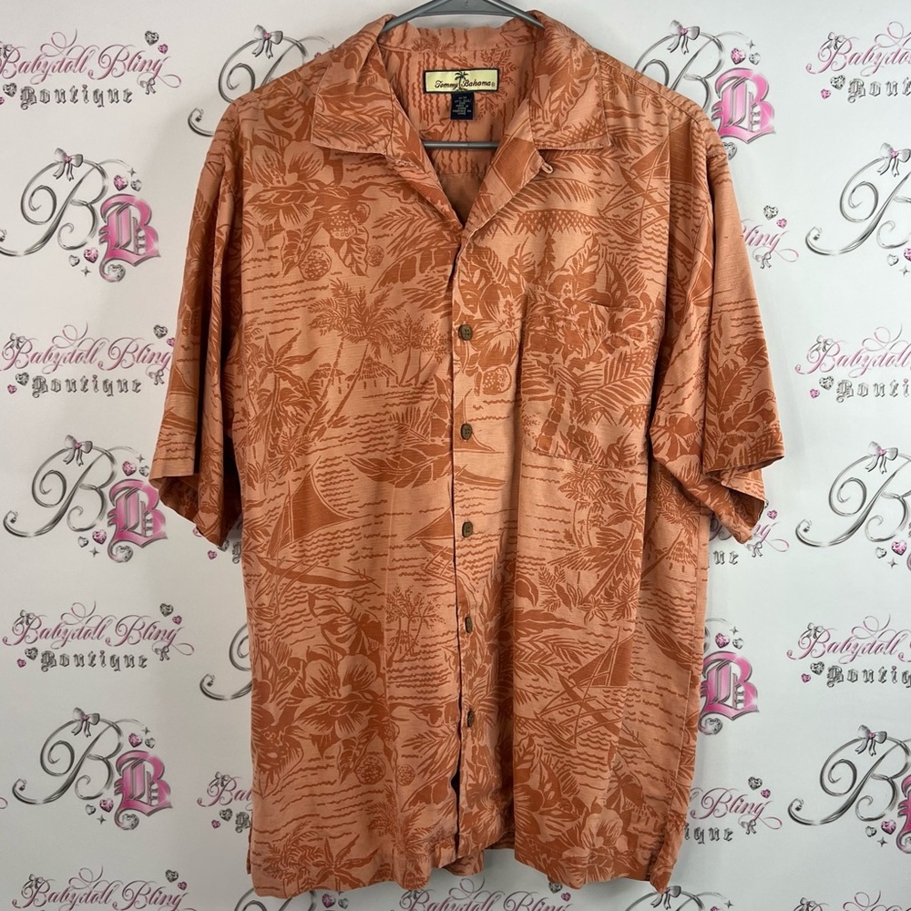 Tommy Bahama 100% silk shirt button up sailing Hawaii Men's Brown Tropical Shirt